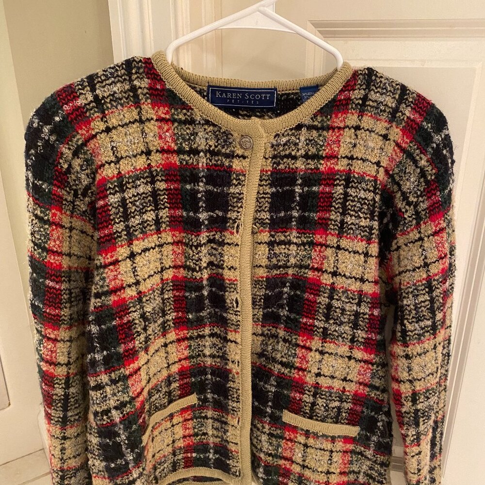 Karen Scott Women's Plaid Cardigan - Red, Black, Cream